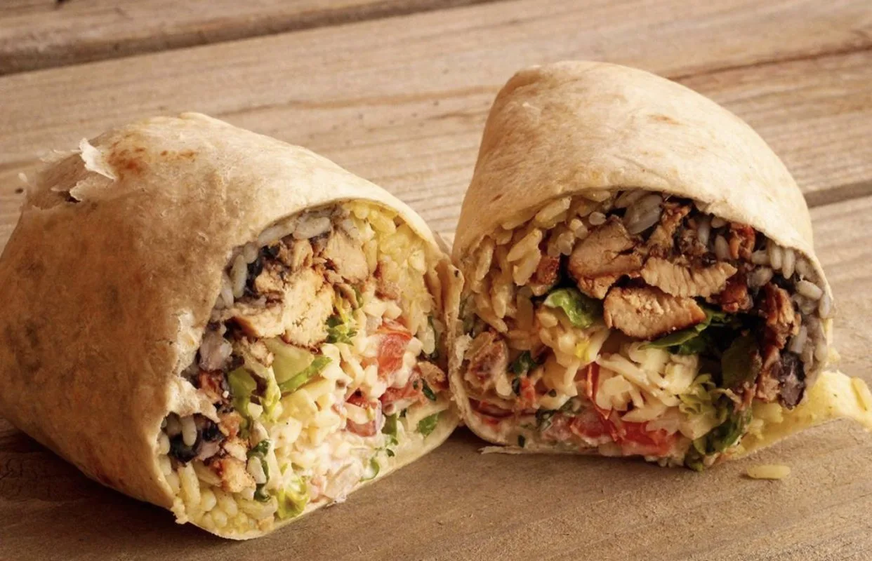 A big 14-inch grilled chicken Funky burrito sliced open